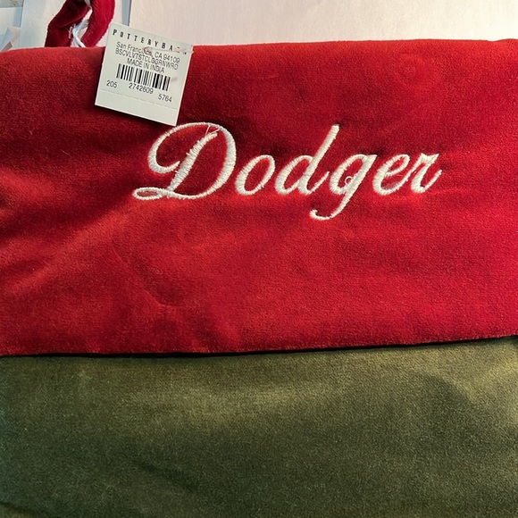 NWT Pottery Barn Personalized “DODGER”Velvet Stocking. Red & green. 24” x 9.5”. - Picture 2 of 5